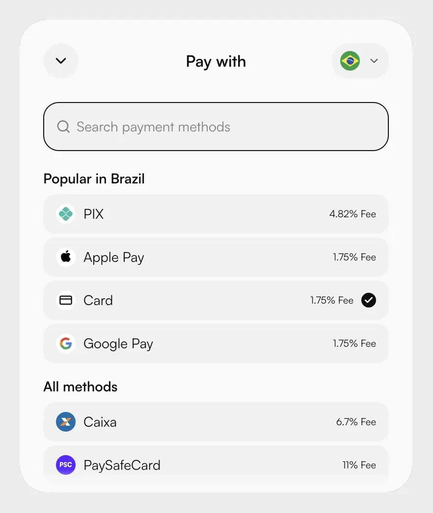 Métodos de pagamento do Buy Crypto do Duel no Brasil: PIX, Apple Pay, cartão, Google Pay, Caixa e PaySafeCard com as taxas