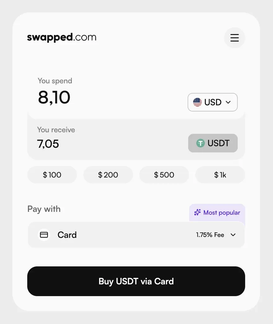 Função Buy Crypto do Duel Casino comprando USDT com cartão no swapped.com integrado