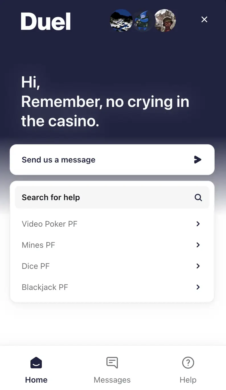 Chat ao vivo de suporte do Duel Casino com busca de ajuda e atalhos para Video Poker, Mines, Dice e Blackjack