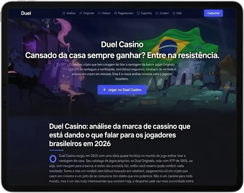 Duel Casino aberto no navegador de um iPad, com o site responsivo em tela cheia
